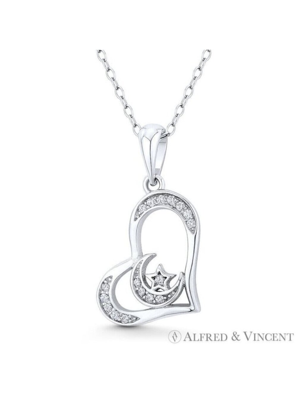 Sideways Heart Crescent Moon Star CZ Crystal 925 Sterling Silver Rhodium Pendant
